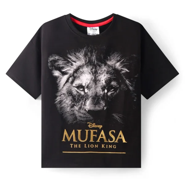 Terry Knit Half Drop Shoulder Sleeves T-Shirt With Mufasa Print & Text Foil Print - Black