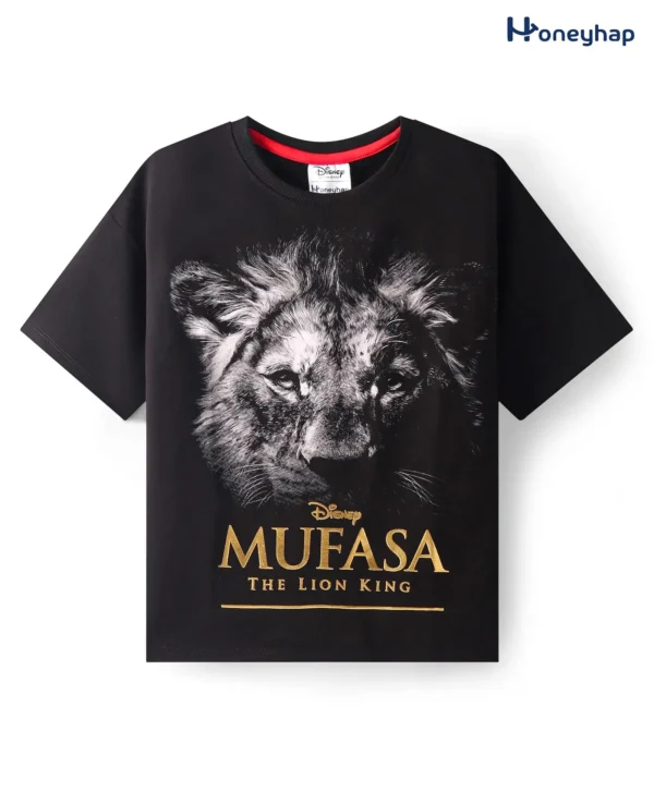 Terry Knit Half Drop Shoulder Sleeves T-Shirt With Mufasa Print & Text Foil Print - Black