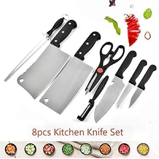 8 in 1 Piece Knife Set - Includes 3 Vegetable and Fruit Knives, 2 Meat Knives, 1 Scissor, 1 Knife Sharpener, and 1 Peeler - Stainless Steel Kitchen Knife Set