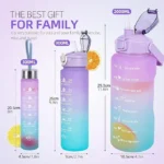 Airovia Motivational Water Bottle Set of 3 Pcs Time Marker with Straw, Unbreakable Leakproof BPA free Non-toxic Sipper Bottle for Office, Sports, Gym, School (Plastic | Set_Of 3 | Multicolor)