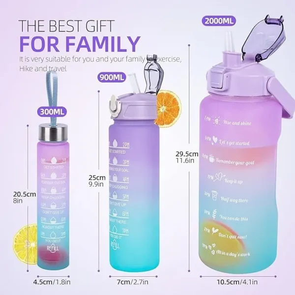 Airovia Motivational Water Bottle Set of 3 Pcs Time Marker with Straw, Unbreakable Leakproof BPA free Non-toxic Sipper Bottle for Office, Sports, Gym, School (Plastic | Set_Of 3 | Multicolor)