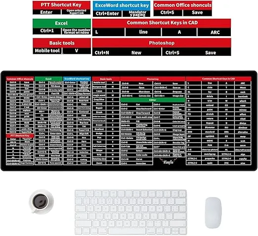 Anti-Slip Keyboard Pad with Office Software Shortcuts Pattern, Clear Extended Large Cheat Sheet Mouse Pad, Large Rubber Base Mice Smooth Cloth Desk Mat, Excel Shortcut Keys Mouse Pad