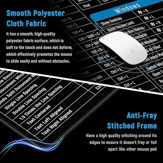 Anti-Slip Keyboard Pad with Office Software Shortcuts Pattern, Clear Extended Large Cheat Sheet Mouse Pad, Large Rubber Base Mice Smooth Cloth Desk Mat, Excel Shortcut Keys Mouse Pad