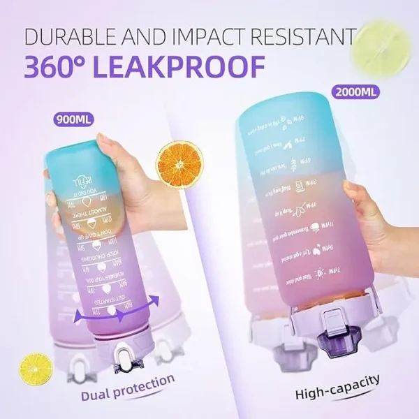 Airovia Motivational Water Bottle Set of 3 Pcs Time Marker with Straw, Unbreakable Leakproof BPA free Non-toxic Sipper Bottle for Office, Sports, Gym, School (Plastic | Set_Of 3 | Multicolor)