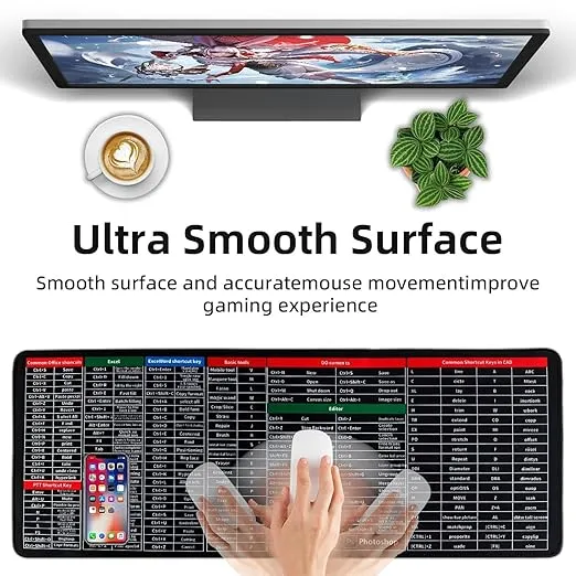 Anti-Slip Keyboard Pad with Office Software Shortcuts Pattern, Clear Extended Large Cheat Sheet Mouse Pad, Large Rubber Base Mice Smooth Cloth Desk Mat, Excel Shortcut Keys Mouse Pad