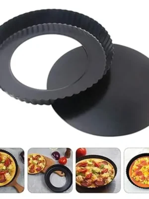 Non-Stick Tart Quiche Pizza Pan Round Pizza Cake Baking Tray Carbon Steel Mold with Removable Loose Bottom Tart Pie Pan, Black