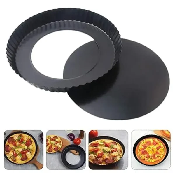 Non-Stick Tart Quiche Pizza Pan Round Pizza Cake Baking Tray Carbon Steel Mold with Removable Loose Bottom Tart Pie Pan, Black