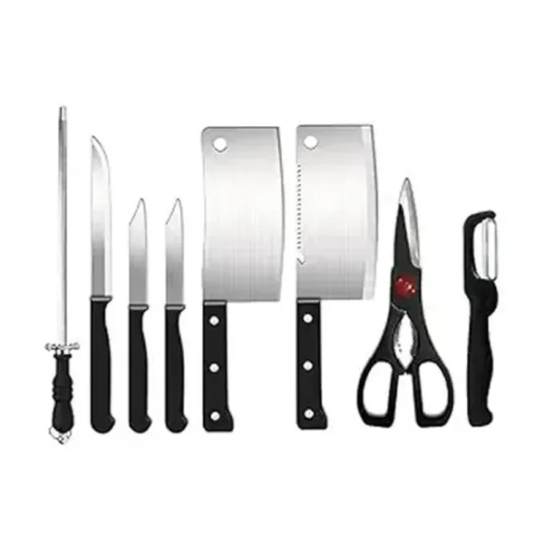 8 in 1 Piece Knife Set - Includes 3 Vegetable and Fruit Knives, 2 Meat Knives, 1 Scissor, 1 Knife Sharpener, and 1 Peeler - Stainless Steel Kitchen Knife Set