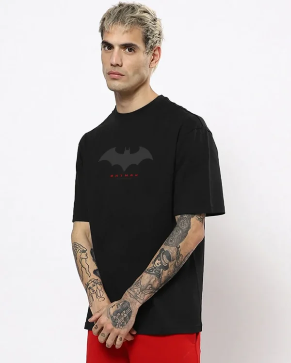 Men's Black Batman Outline Logo Graphic Printed Oversized T-shirt