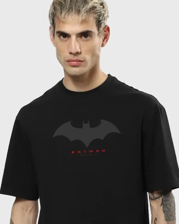 Men's Black Batman Outline Logo Graphic Printed Oversized T-shirt