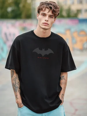 Men's Black Batman Outline Logo Graphic Printed Oversized T-shirt