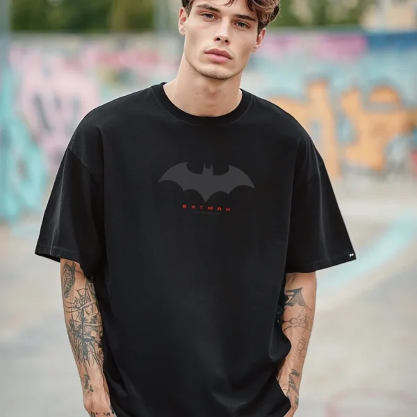 Men's Black Batman Outline Logo Graphic Printed Oversized T-shirt