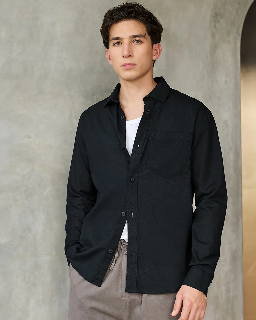 Men's Jet Black Cotton Linen Shirt