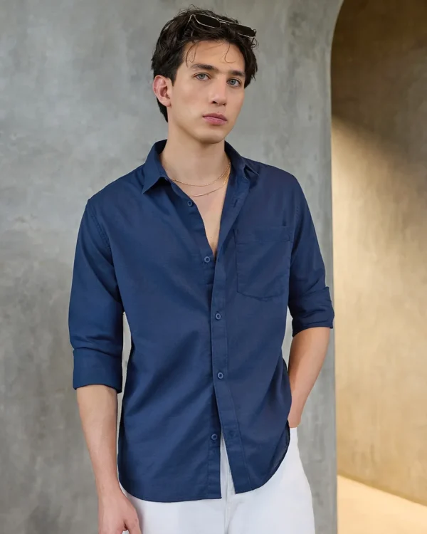 Men's Navy Blue Cotton Linen Shirt