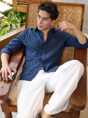 Men's Navy Blue Cotton Linen Shirt