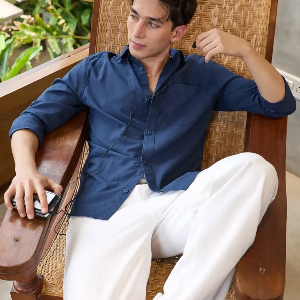 Men's Navy Blue Cotton Linen Shirt