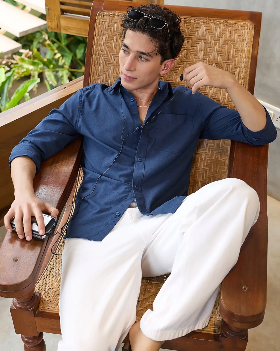 Men's Navy Blue Cotton Linen Shirt