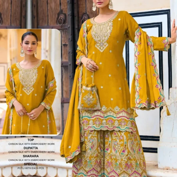 Ziana 15031 Exclusive Chinon Silk Readymade Plazzo Suits Yellow