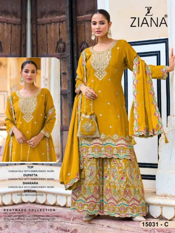 Ziana 15031 Exclusive Chinon Silk Readymade Plazzo Suits Yellow