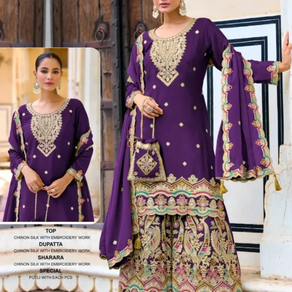 Ziana 15031 Exclusive Chinon Silk Readymade Plazzo Suits Purple