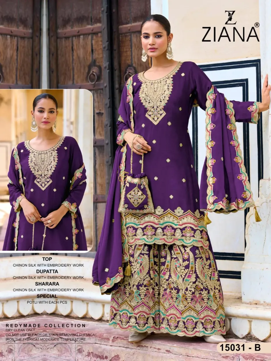 Ziana 15031 Exclusive Chinon Silk Readymade Plazzo Suits Purple