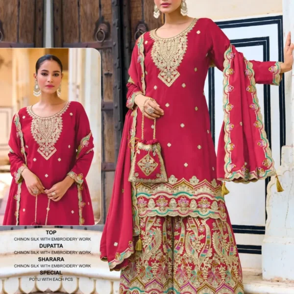 Ziana 15031 Exclusive Chinon Silk Readymade Plazzo Suits Red